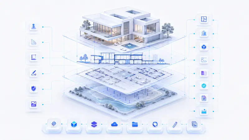 Conceptual architecture design process showing site planning, floor plans, sections and residential massing.
