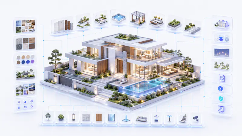Conceptual exterior-design illustration showing facade materials, landscape planning, outdoor lighting and residential outdoor spaces.