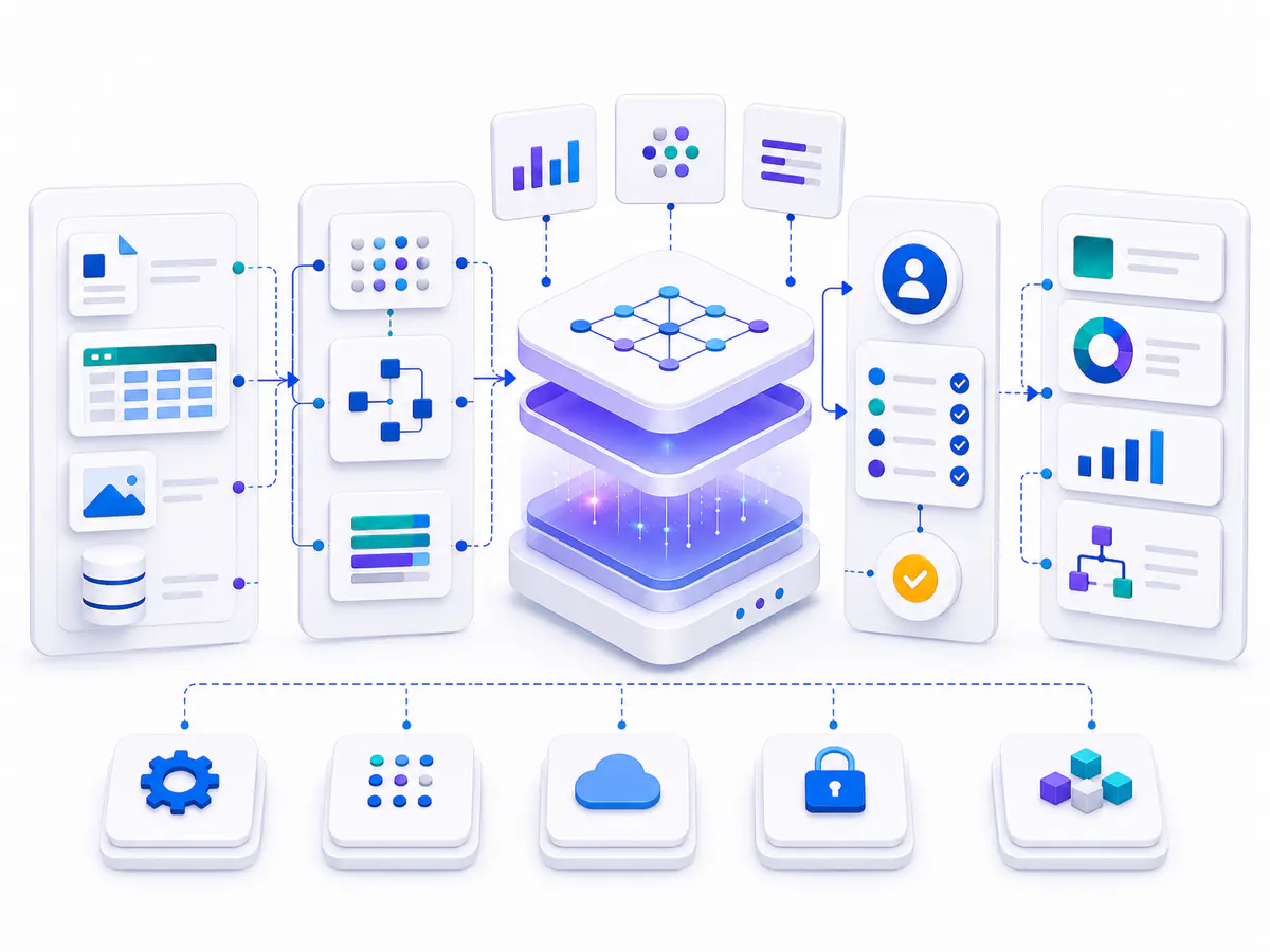 AI-assisted software workflow showing structured inputs, an analysis layer, human review and approved business outputs.