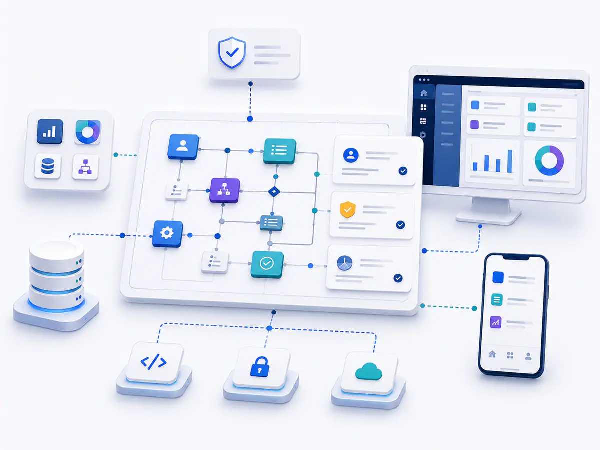 Custom software workflow connecting business processes, approvals, database storage, desktop systems and mobile endpoints.