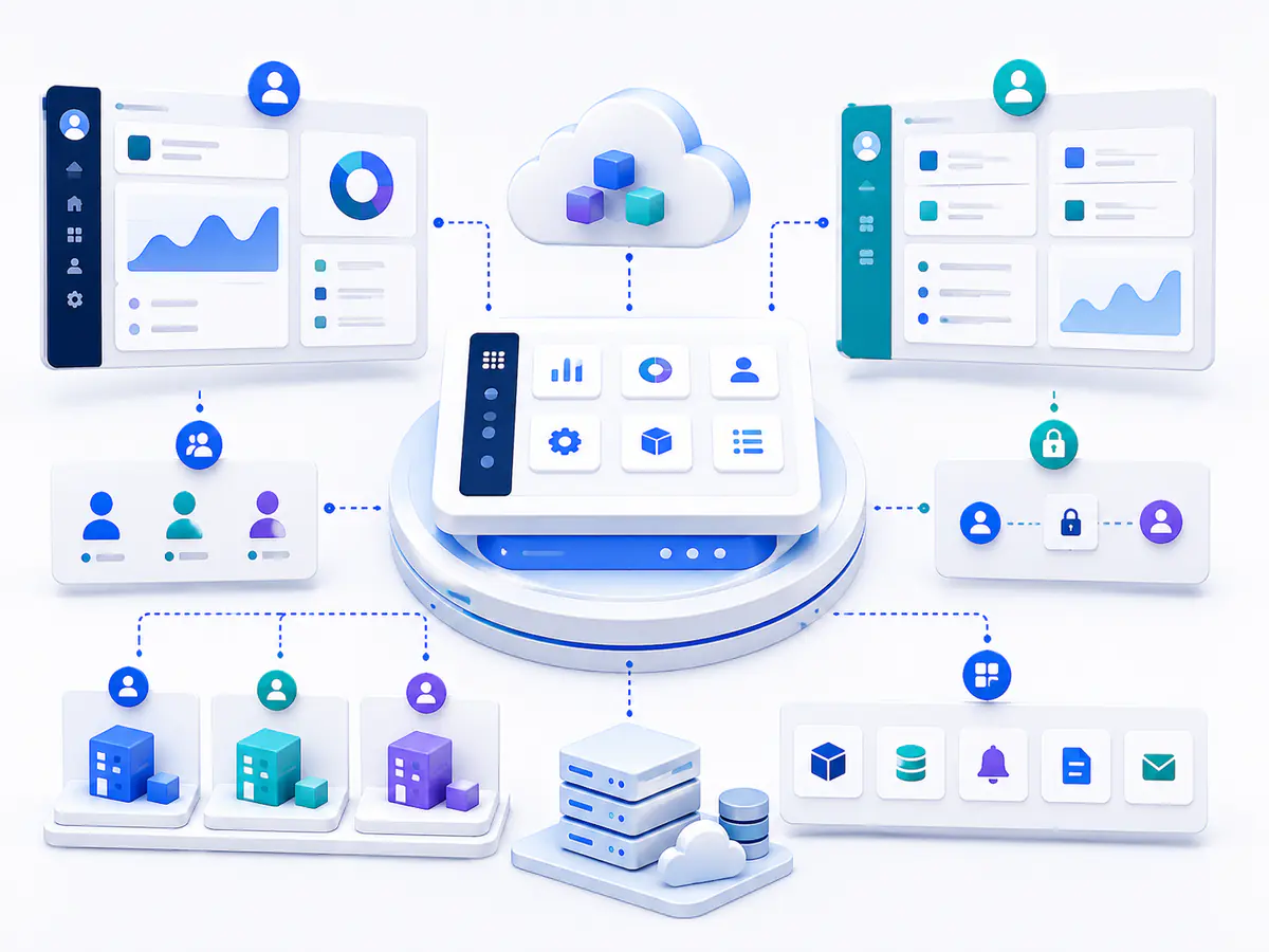 SaaS platform connecting a cloud product core, administration portal, user portal, tenant workspaces and modular features.